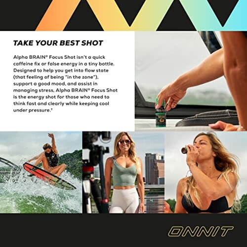 Onnit Alpha BRAIN Focus Shot promotional image with product and active lifestyle scenes.