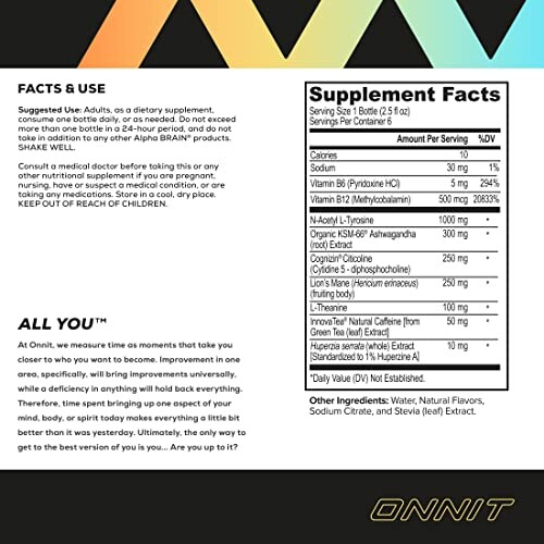 Onnit Alpha BRAIN supplement label with ingredients and usage instructions.