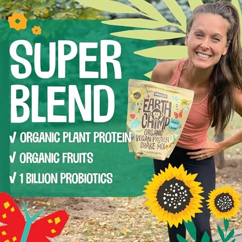 Woman holding Earth Chimp organic vegan protein shake mix with text promoting plant protein, fruits, and probiotics.