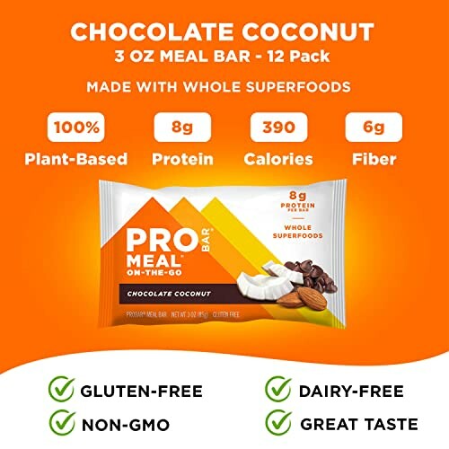 Pro Meal Bar Chocolate Coconut with nutritional info and benefits.