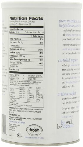 Nutrition facts label on a protein powder container