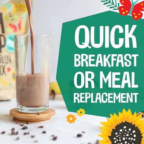 Chocolate shake being poured into a glass with text 'Quick Breakfast or Meal Replacement'.