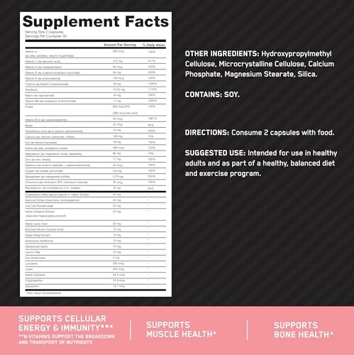 Supplement facts label with ingredients and usage instructions.