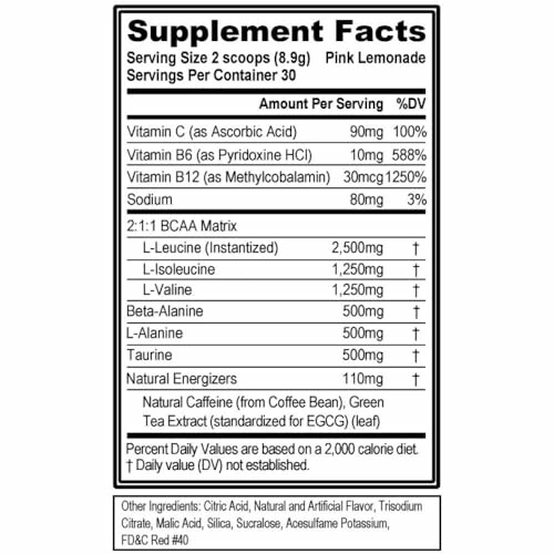 Supplement facts label for pink lemonade flavor with vitamins and amino acids.