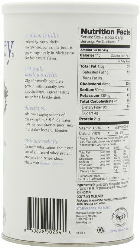 Nutrition facts label on a protein powder container