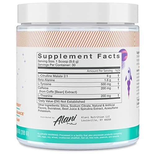 Supplement facts label of Alani Nu pre-workout drink.