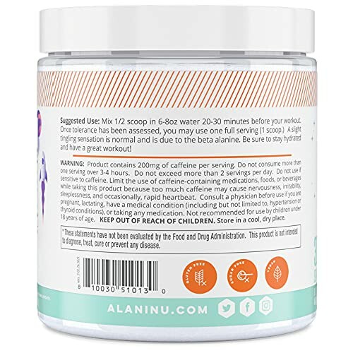 Label of Alani Nu preworkout supplement with usage instructions and warnings.