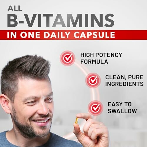 Man holding a vitamin capsule with benefits listed: high potency formula, clean ingredients, easy to swallow.