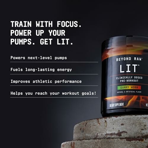 Beyond Raw LIT pre-workout supplement with benefits listed.