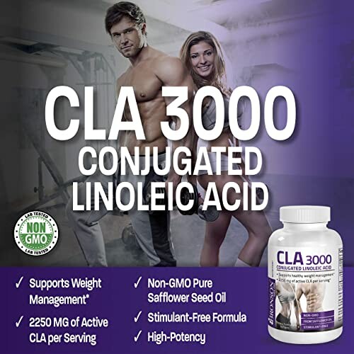 CLA 3000 supplement with benefits like weight management and non-GMO formula.