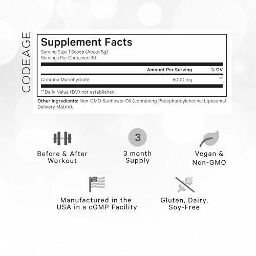 Codeage supplement facts and features, including creatine monohydrate content and non-GMO ingredients.