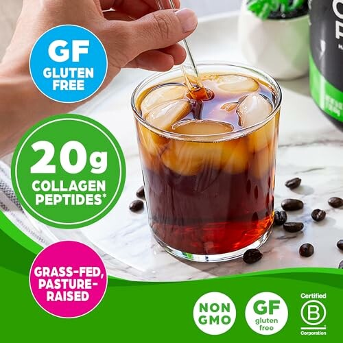 Hand stirring collagen peptides in iced coffee with labels for gluten-free, non-GMO, grass-fed, and certified B corporation.