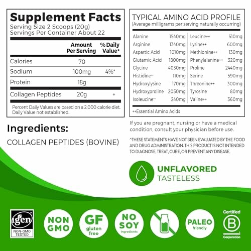 Supplement facts for collagen peptides with amino acid profile and features.