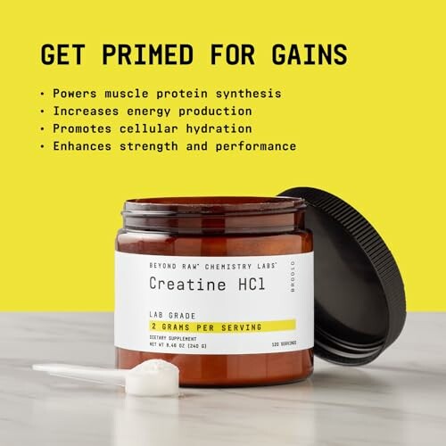 Creatine HCl supplement with benefits listed: muscle protein synthesis, energy production, cellular hydration, strength and performance enhancement.