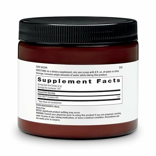 Brown jar with supplement facts label for creatine powder.