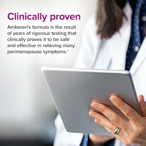 Doctor holding a tablet with text about Amberen's clinically proven formula.