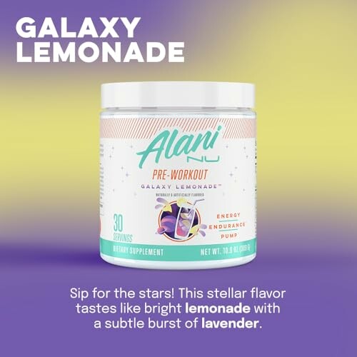 Galaxy Lemonade pre-workout supplement container with lemon and lavender flavors.