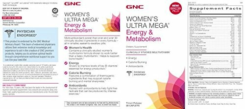 GNC Women's Ultra Mega Energy & Metabolism supplement label with nutritional information.