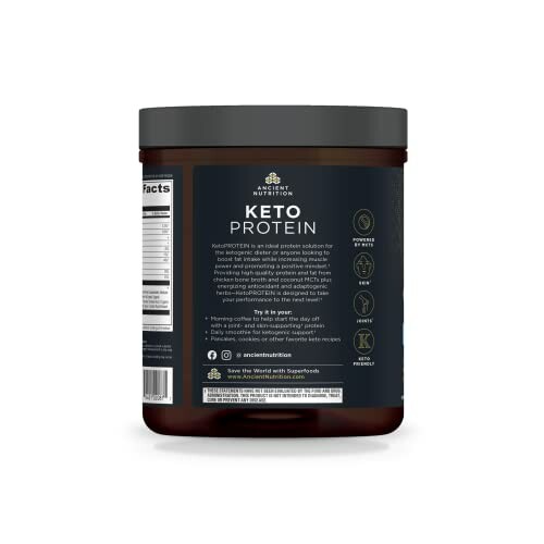 Container of Keto Protein powder with nutritional information.