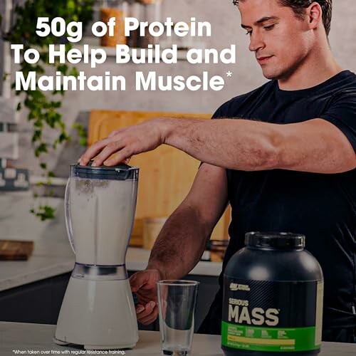 Man blending protein shake with supplement container.