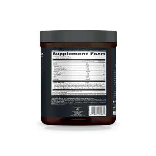 Supplement facts label on a dark container