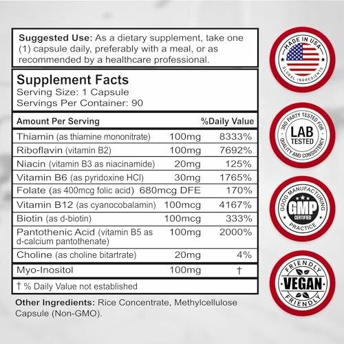 Supplement facts label showing vitamin and mineral content with certification badges.