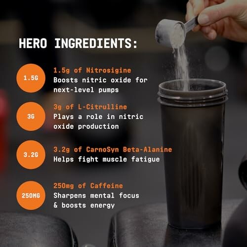 Supplement ingredients list with shaker in gym setting.